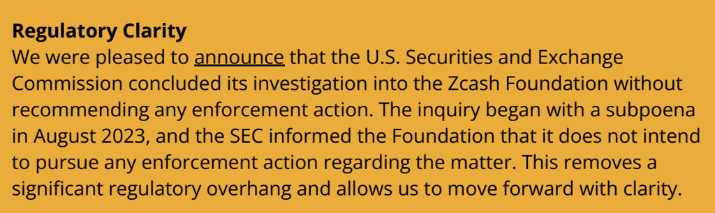 Zcash Foundation meldt dat SEC onderzoek zonder aanklacht is afgesloten. Bron: Zcash Foundation.