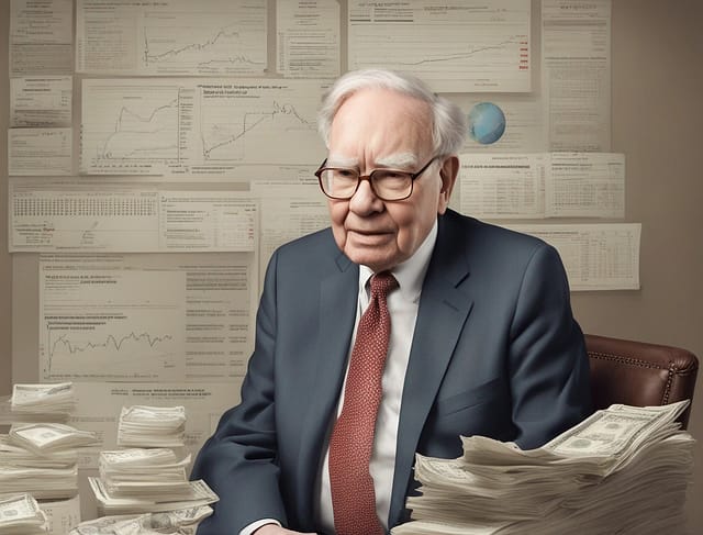 Warren Buffett omringd door aandelen. Warren Buffett omringd door aandelen.