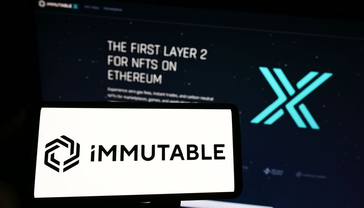 Zaak tegen cryptomunt Immutable opgeheven, koers stijgt explosief Een afbeelding van het logo cryptomunt immutable, met op de achtergrond de website