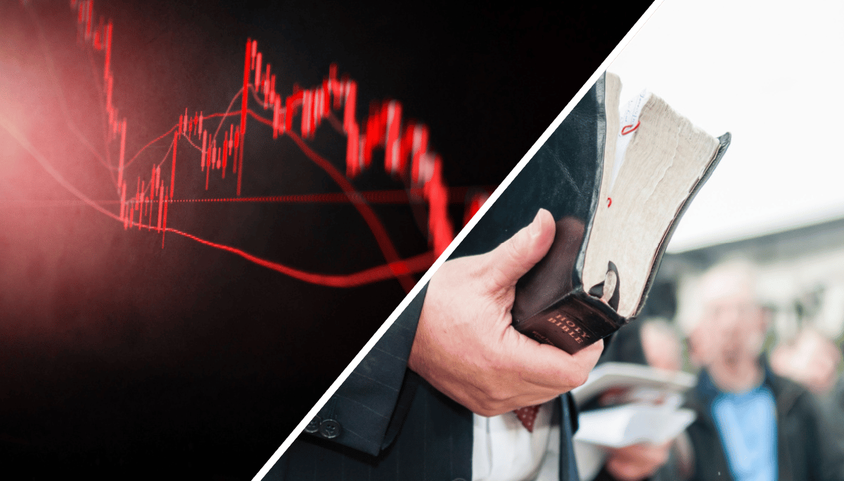 Cryptomunt Optimism daalt 20 procent in een dag na vertrek grote partner Een afbeelding van een dalende crypto of aandelen koers aan de linkerkant en aan de rechterkant een pastoor met een bijbel in zijn hand
