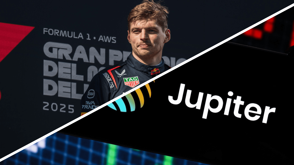 Nieuwe cryptobeurs Jupiter laat je nu wedden op Max Verstappen Een split image van Max Verstappen en cryptobeurs Jupiter dat is gebouwd op Solana