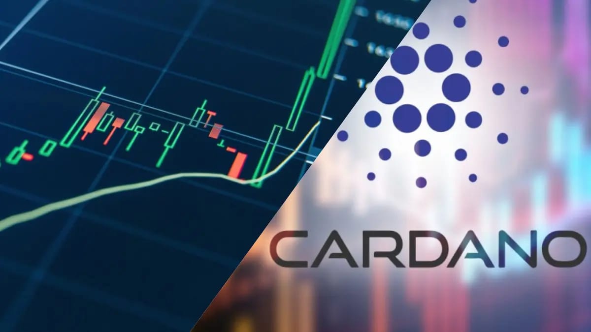 Afbeelding met Cardano logo en stijgende koersgrafiek