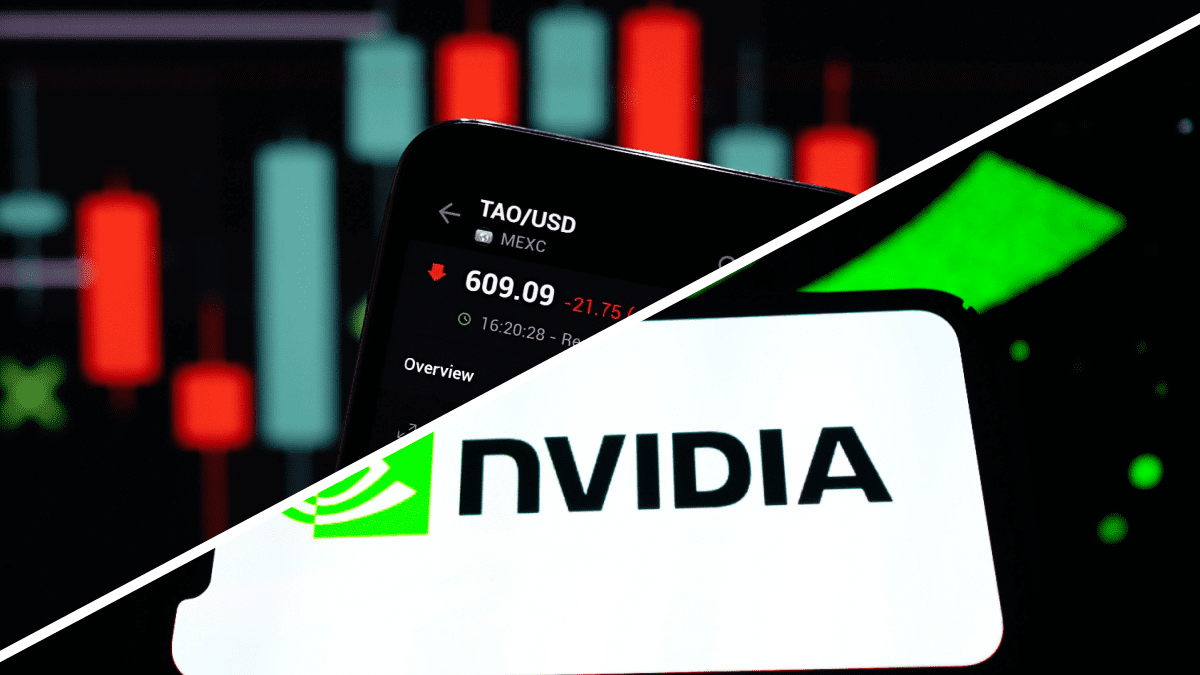 Beleggers storten zich massaal op AI munten na compliment van NVIDIA Een split image met een crypto koers pagina van bittensor (TAO) met grafiek en het logo van Nvidia