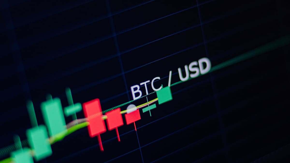 Een afbeelding van de koers van bitcoin ten opzichte van de amerikaanse dollar, die ligt consolideert en dus zijwaarts gaat
