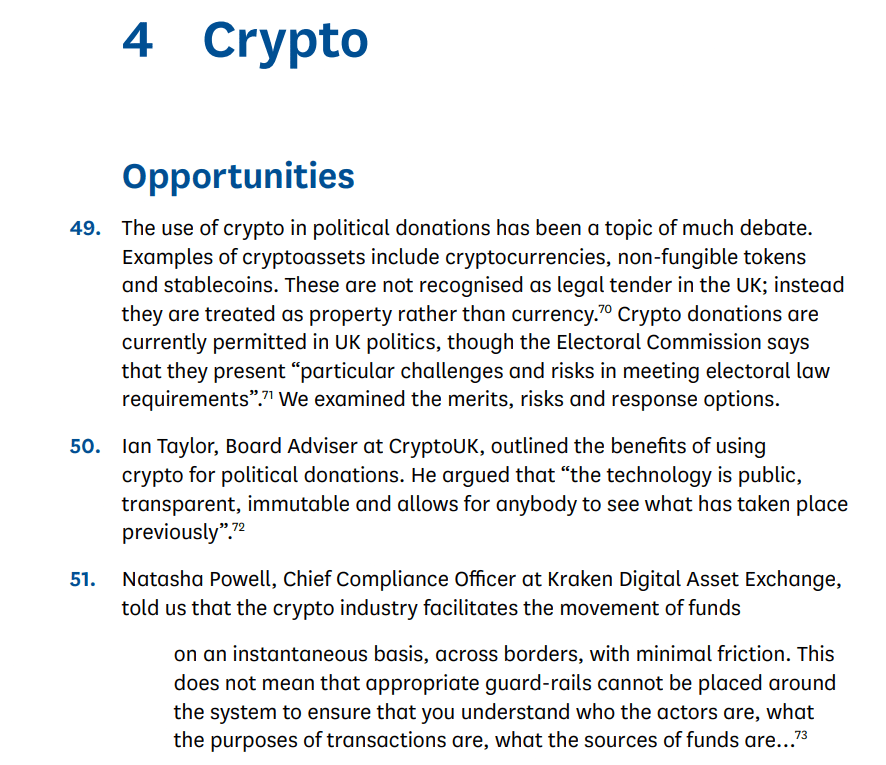 Britse commissie waarschuwt voor risico’s van cryptodonaties binnen de politiek.