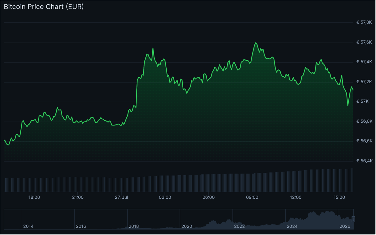 De bitcoin koers van de afgelopen 24 uur. De koers vlakt af na het bereiken van de 57.600 euro. Bron: CoinGecko.