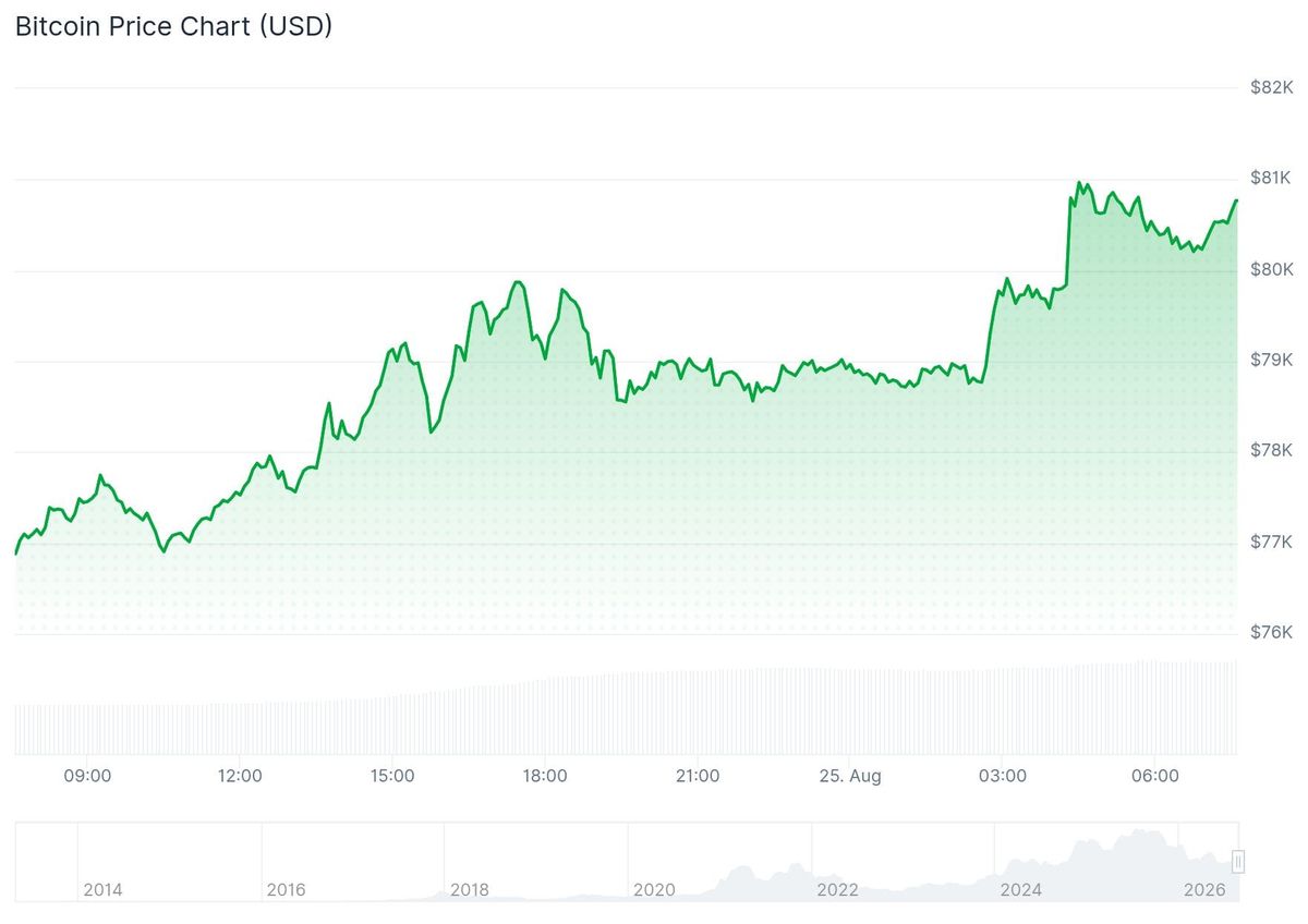 De bitcoin prijs van de afgelopen 24 uur.