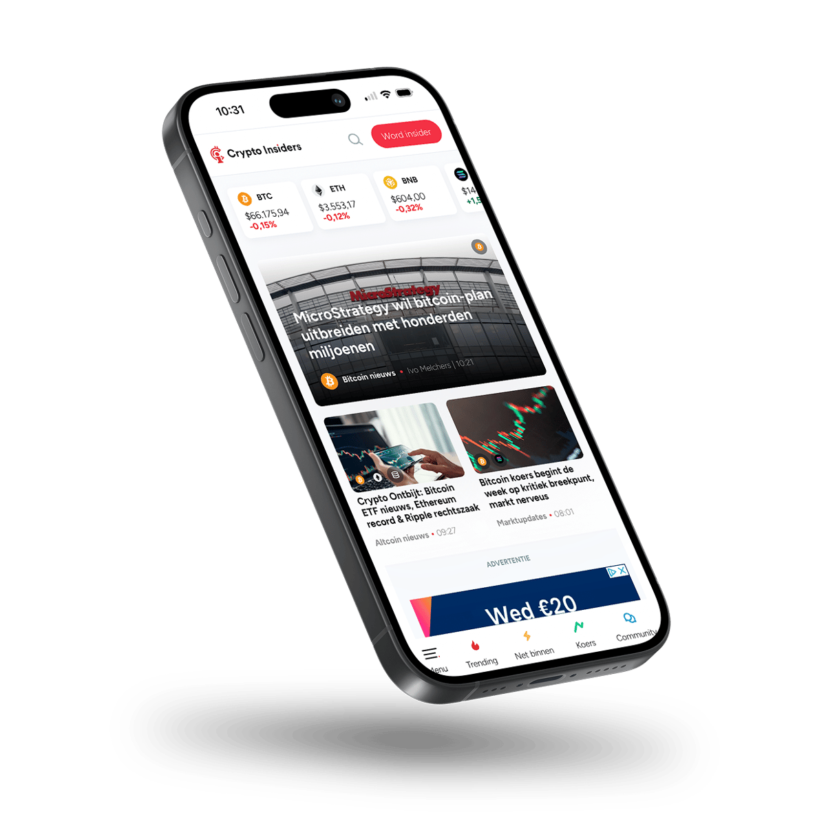 Telefoonmockup met de Crypto Insiders-app