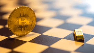 Bitcoin-btc-goud-schaakbord Bitcoin naar $100.000 omdat het marktaandeel goud afpakt: Goldman Sachs