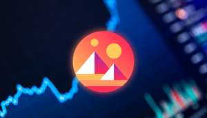 Decentraland (MANA) logo met op de achtergrond een koersgrafiek Decentraland (MANA) logo met op de achtergrond een koersgrafiek