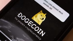 dogecoin-logo-DOGE-tegendraads foto van dogecoin logo op een smarthpone scherm