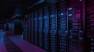 Modern,Data,Technology,Center,Server,Racks,Working,In,Dark,Facility. Tegenvallende cijfers Bitcoinminer Hut 8: focus verschuift naar AI