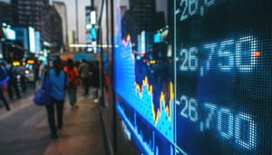 Aandelenbeurs-amerika-index Een scherm met daarop een index van een aandelenbeurs, met mensen op de achtergrond.