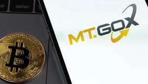 Bitcoin munt met Mt. Gox logo op telefoon Bitcoin munt met Mt. Gox logo op telefoon
