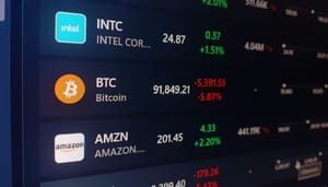 De koers van bitcoin tussen andere assets, zoals aandelen van Amazon en Intel. De koers van bitcoin tussen andere assets, zoals aandelen van Amazon en Intel.