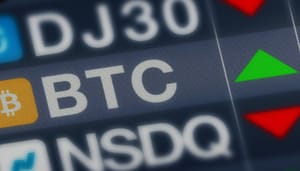 De ticker van bitcoin (BTC) in een lijst met indices. BTC klimt terwijl NASDAQ en de Dow Jones 30 dalen De ticker van bitcoin (BTC) in een lijst met indices. BTC klimt terwijl NASDAQ en de Dow Jones 30 dalen