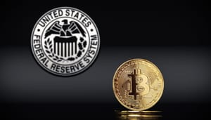 Een bitcoin munt in een zwarte afbeelding met op de achtergrond de Amerikaanse Federal Reserve Een bitcoin munt in een zwarte afbeelding met op de achtergrond de Amerikaanse Federal Reserve
