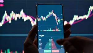 Een crypto handelaar analyseert de bitcoin koers op zijn mobiel, met op de achtergrond een groter scherm met marktdata