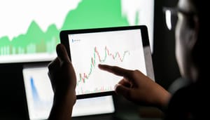 Een foto van een oudere man met een bril die grafieken van crypto analyseert op verschillende beeldschermen