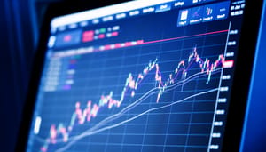 Een interface van een geavanceerde cryptobeurs, met een crypto koers met technische indicatoren Een interface van een geavanceerde cryptobeurs, met een crypto koers met technische indicatoren