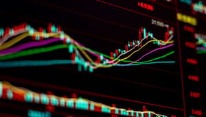 Een rood-groene candle chart met een stijgende lijn en technische indicatoren
