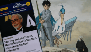 Foto van Studio Ghibli film Boy and Heron met foto van Hayao Miyazaki Foto van Studio Ghibli film Boy and Heron met foto van Hayao Miyazaki