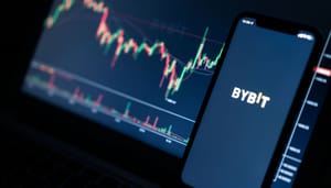 Foto van het logo van bybit, een gehackte cryptobeurs, met een grafiek op de achtergrond