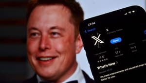 een afbeelding van sociale media platform X (voorheen Twitter) met op de achtergrond een foto van Elon Musk een afbeelding van sociale media platform X (voorheen Twitter) met op de achtergrond een foto van Elon Musk