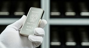 handholdingsilverbar Hand die een zilveren baar vasthoudt