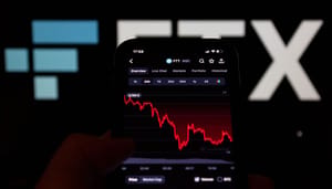 Een afbeelding van de failliete cryptobeurs FTX met het logo op de achtergrond, en op de voorgrond de rode gecrashte koers van hun token, FTT Een afbeelding van de failliete cryptobeurs FTX met het logo op de achtergrond, en op de voorgrond de rode gecrashte koers van hun token, FTT