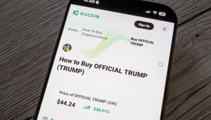 Een afbeelding van de memecoin_cryptomunt_altcoin official Trump (TRUMP) op cryptobeurs KuCoin, met daarbij een groene prijs Een afbeelding van de memecoin official Trump (TRUMP) op cryptobeurs KuCoin, met daarbij een groene prijs