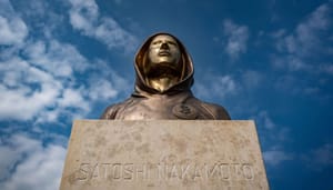 Een afbeelding van het standbeeld van Satoshi Nakamoto, het pseudoniem van de onbekende oprichter van bitcoin (BTC), wiens identiteit nooit achterhaald is Een afbeelding van het standbeeld van Satoshi Nakamoto, het pseudoniem van de onbekende oprichter van bitcoin (BTC), wiens identiteit nooit achterhaald is