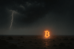 Bitcoin logo oranje in storm (AI generated)
