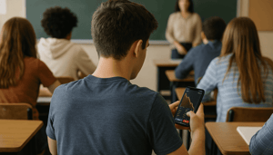 student-handelt-op-school (1) Een student in de klas op zijn telefoon die zit te handelen.