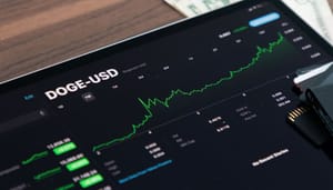 Een afbeelding van een groene stijgende dogecoin (DOGE) koers op een scherm Een afbeelding van een groene stijgende dogecoin (DOGE) koers op een scherm