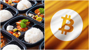 Foto van kant-en-klaarmaaltijden en vlag met bitcoin logo Foto van kant-en-klaarmaaltijden en vlag met bitcoin logo