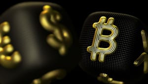 bitcoin Plaatje van een digitale omgeving met een bitcoin en dollarteken