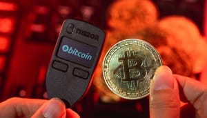 Een afbeelding van een Trezor crypto hard wallet met ernaast een bitcoin (BTC) munt en op de achtergrond een rode kleur Een afbeelding van een Trezor crypto hard wallet met ernaast een bitcoin (BTC) munt en op de achtergrond een rode kleur