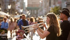 Een afbeelding van een aantal straatmuzikanten die met trompetten proberen geld op te halen Een afbeelding van een aantal straatmuzikanten die met trompetten proberen geld op te halen