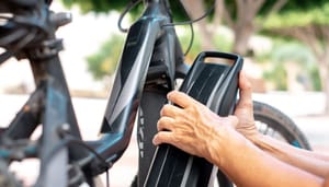 Een afbeelding van een accu die op een elektrische fiets wordt geladen Een afbeelding van een accu die op een elektrische fiets wordt geladen