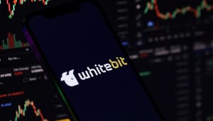 Een afbeelding van whitebit, een cryptomunt afkomstig van een grote crypto exchange. Het logo van whitebit staat op een mobiel, en op de achtergrond staan grafieken Een afbeelding van whitebit, een cryptomunt afkomstig van een grote crypto exchange. Het logo van whitebit staat op een mobiel, en op de achtergrond staan grafieken