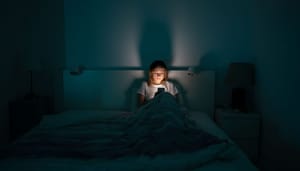 Een afbeelding met een vermoeide vrouw die 's avonds laat of 's nachts op de mobiel zit, omdat slapen moeilijk gaat Een afbeelding met een vermoeide vrouw die 's avonds laat of 's nachts op de mobiel zit, omdat slapen moeilijk gaat