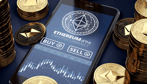Foto van mobiel met Ethereum logo grafiek en munten Foto van mobiel met Ethereum logo grafiek en munten