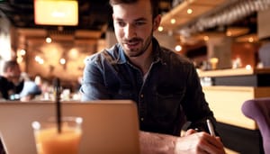 Man achter laptop schrijven 4 jaar op rij winst met crypto: dit is geen toeval meer, dit is strategie