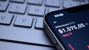 Een afbeelding van een lage, rode ethereum (ETH) koers op een mobiele telefoon bij een toetsenbord Een afbeelding van een lage, rode ethereum (ETH) koers op een mobiele telefoon bij een toetsenbord
