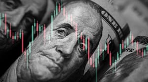 Een afbeelding van Amerikaanse dollars (USD) met daarbij een grafiek van een koers van een aandeel of crypto Een afbeelding van Amerikaanse dollars (USD) met daarbij een grafiek van een koers van een aandeel of crypto
