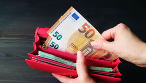 Een afbeelding van geld (euro bankbiljetten) die uit een portemonnee worden gehaald Een afbeelding van geld (euro bankbiljetten) die uit een portemonnee worden gehaald
