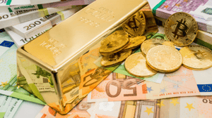 Bitcoin, goud en eurobiljetten Bitcoin, goud en eurobiljetten
