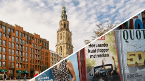 Een afbeelding van de Groninge martinitoren met daarnaast een afbeelding van financiele magazines waaronder de quote 500