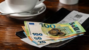 Een afbeelding van een bakje met fooi, waar enkele biljetten van 100, 50 en 20 euro liggen met wat euromunten Een afbeelding van een bakje met fooi, waar enkele biljetten van 100, 50 en 20 euro liggen met wat euromunten